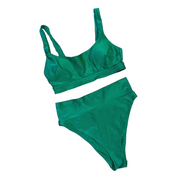 aerie Swim Aerie Emerald Green Ribbed Shine High A Cut Bikini Top